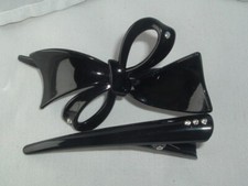 VINTAGE BLACK RHINESTONE CELLULOID BOW HORN HAIR CLIPS BARRETTE HAIR ACCESSORY