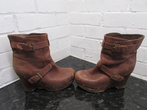 UGG Taryn Brown Caviar Leather Womens Uk 6.5 EU 39 Wedge Mid Calf Buckle Boots - Picture 9 of 12