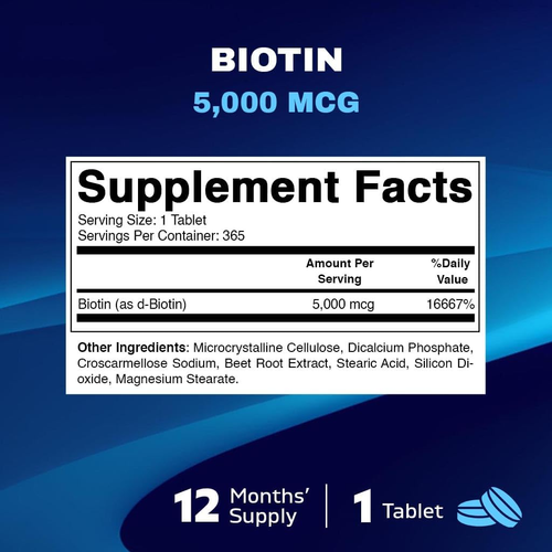 Vitamatic Biotin 5000Mcg (5 Mg) for Stronger Hair, Skin & Nails - 365 Vegan T... - Picture 2 of 12