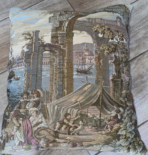 Vintage französische Flussbrücke Szene Wandteppichkissen