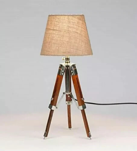 Lamp Tripod Stand Antique Finish Table Nautical Wooden Shade Desk Wood Designer - Picture 2 of 6
