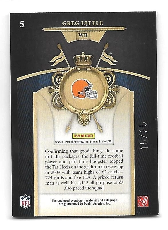 GREG LITTLE 2011 Crown Royale Rookie RC Royalty Prime patch auto/25 Browns Bills - Image 2 of 2