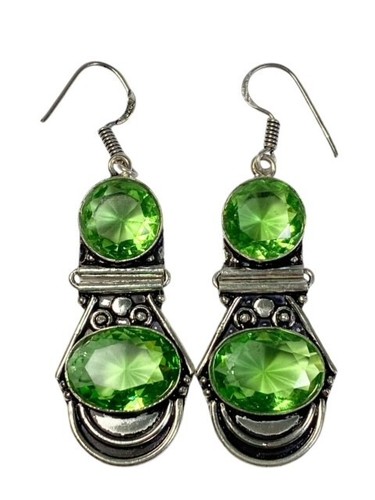 Faceted Peridot Gemstone Dangle Earrings Hinged 925 Silver Handmade 14.1 grams - Picture 3 of 10
