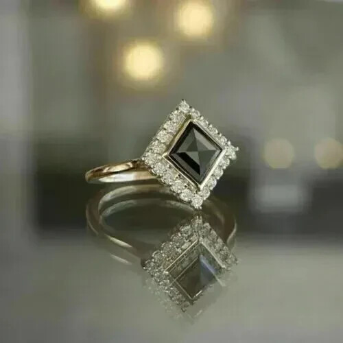 2 Ct Princess Simulated Black Diamond Women Ring 14k Yellow Gold Plated - Picture 3 of 6