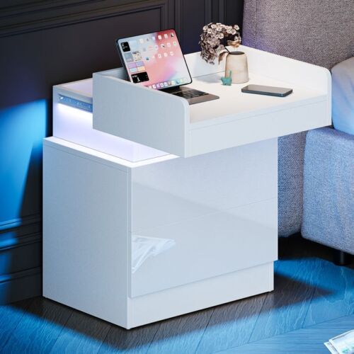 2er Set LED Licht Beleuchtung Nachttisch mit Hochglanz Schubladen 45x33x58 cm - Bild 21 von 37