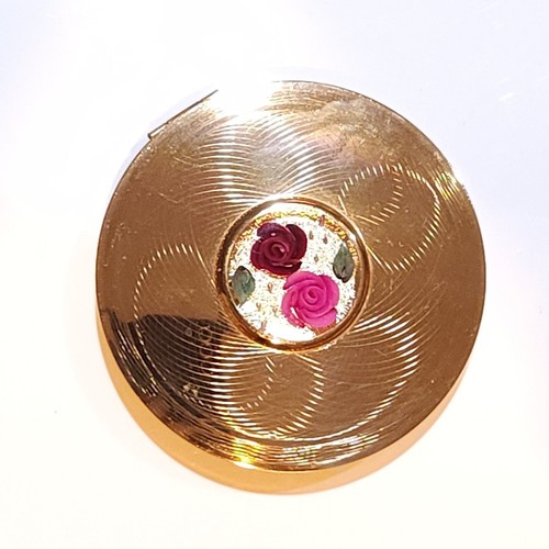 Vintage 50s Lucite Gold Refillable Makeup Compact Mirror Kigu England Rose Flora - Picture 3 of 23
