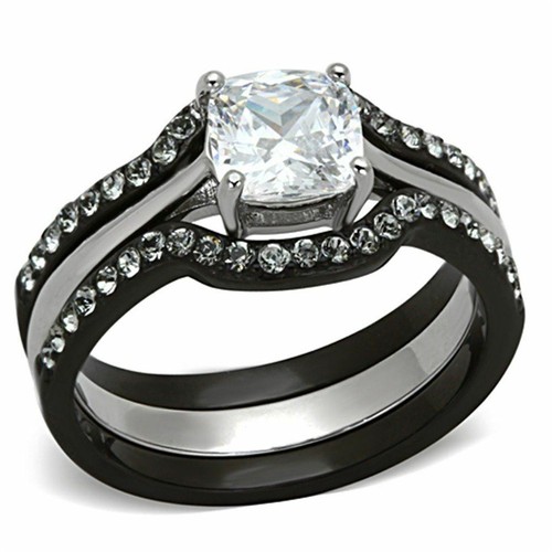 4 PCS Couple Black Stainless Steel Cushion CZ Wedding Ring Mens Two Tone Band - Picture 2 of 9
