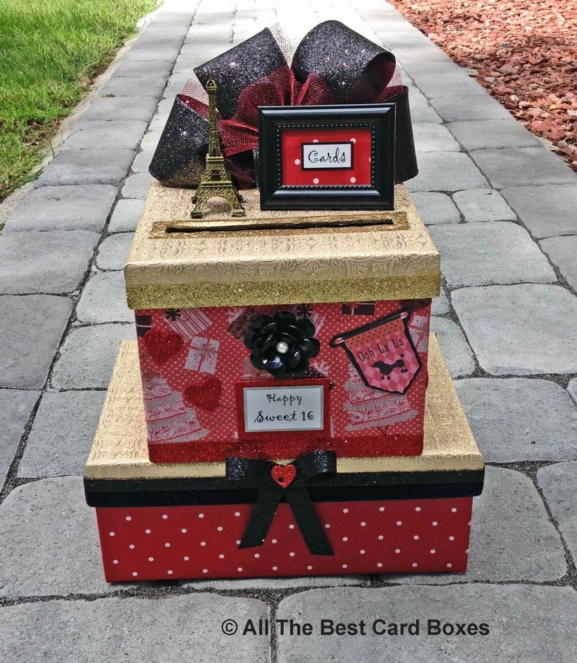 Paris Party 卡盒,Sweet 16,Quinceanera,红色,黑色,2 层,卡盒带插槽 — 第 2/4 张图片