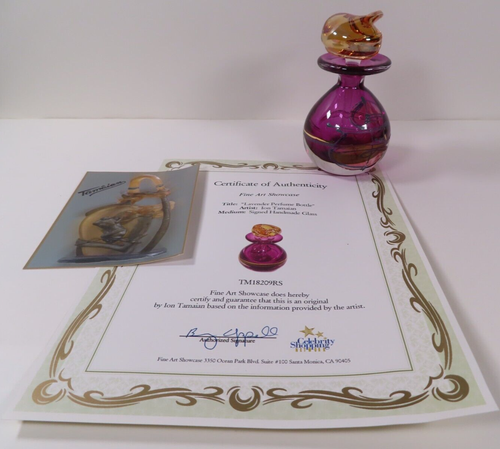 ION TAMAIAN Art Glass Lavender Perfume Bottle Purple w/ Gold Romania Signed COA - Picture 2 of 19