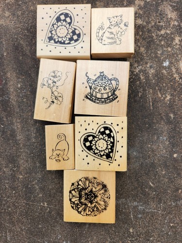 Anita's vintage wooden rubber stamp lot of 6 flowers, cat, and teapots