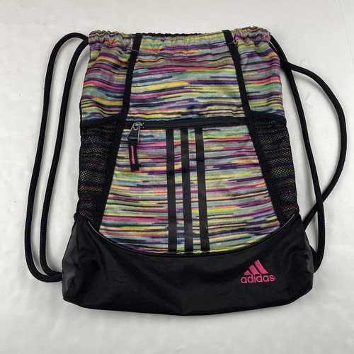 Adidas Drawstring Bag Backpack Women's Colorful Triple Stripe Logo Zip Pocket