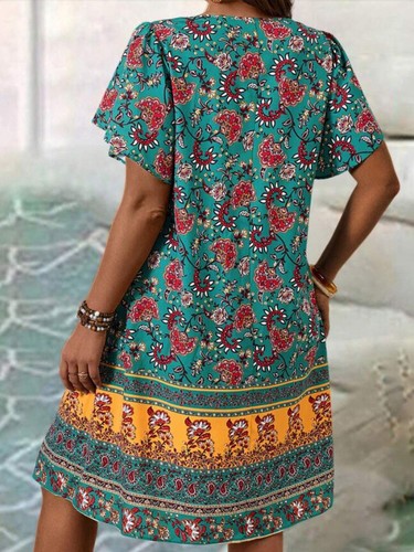 Ladies Boho Holiday Floral Dress Summer Casual Baggy Short Sleeve Plus Size 6-24 - Picture 9 of 18