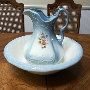 Antique Vintage Ironstone Usa Pitcher Washbowl Basin White Blue Ironstone Usa Pitcher Washbowl Basin