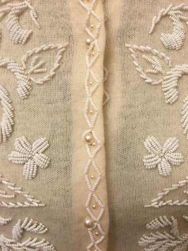 Vintage Mademoiselle Womens Cardigan Size 42 Ivory Lambswool Embellished Lined - Picture 9 of 11