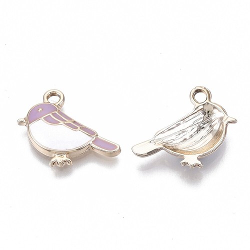 5 Very Cute Small Bird Gold Tone Charm Pendants with Purple & White Enamel - Picture 2 of 2
