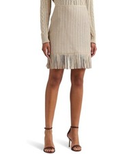 Ralph Lauren Woven Leather Skirt Women's Size 14 Beige Fringe Trim Lined