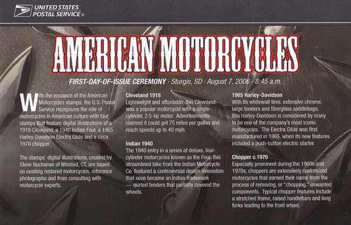 USPS First Day Ceremony Program #4085-4088 Motorcycles Cleveland Indian Harley - Picture 2 of 3