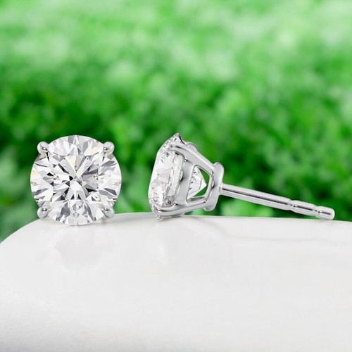 Aretes de diamantes creados en laboratorio de corte redondo de 2,00 quilates con certificación IGI de oro blanco de 14 quilates - Imagen 2 de 8