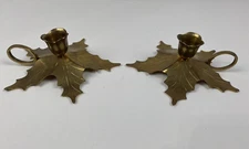 Vintage 2 Solid Brass Leaf Candlestick W/ Handles Taper Candle Holder 2” Tall Up
