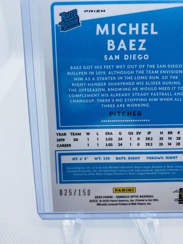 2020 DONRUSSS OPTIC MICHAEL BAEZ  RATED ROOKIE RC #/150 RED WHITE BLUE RARE MINT - Picture 5 of 5