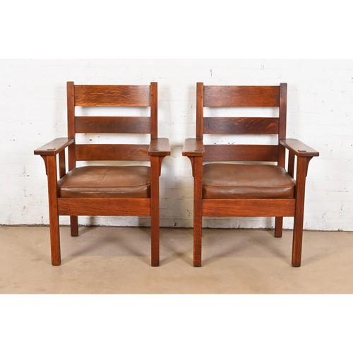 Stickley Brothers Antique Mission Oak Arts & Crafts Lounge Chairs, Pair - Picture 4 of 11