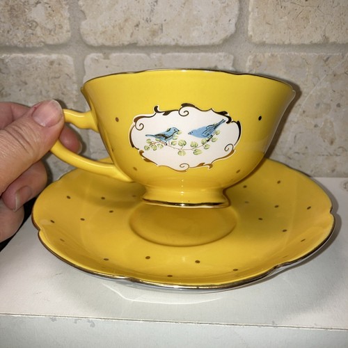 Yellow Anthropologie BLUE BIRD Tea Cup Saucer Set Gold rim Polka Dot RETIRED - Picture 2 of 10