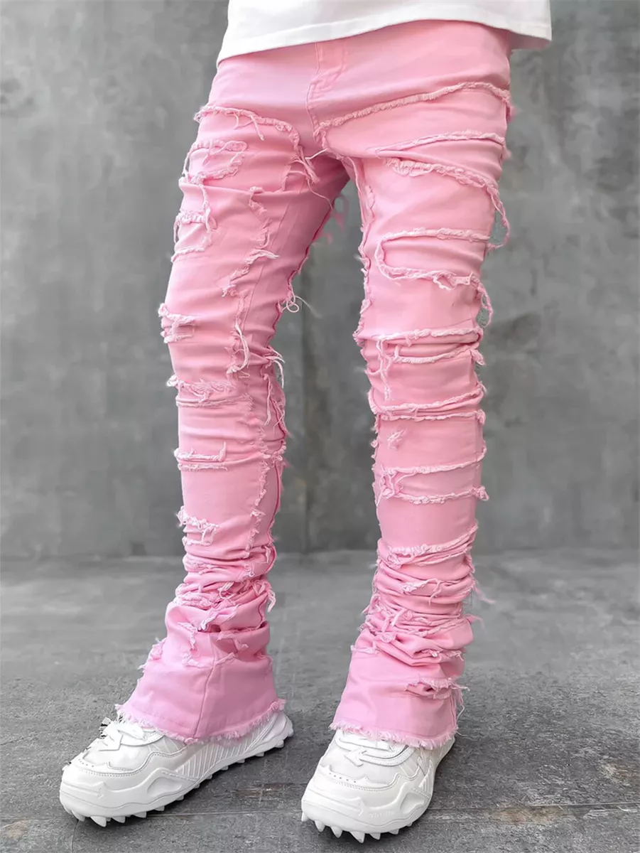 Mens Stacked Jeans Ripped Slim Fit Jeans Destroyed Straight Skinny Denim Pants