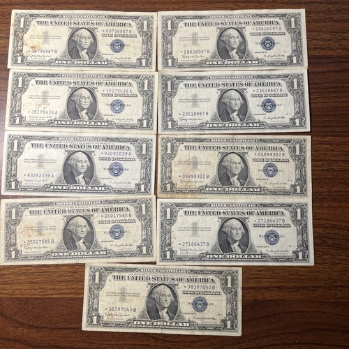 Lot of 9 Silver Certificates $1 Dollar with Blue Seals