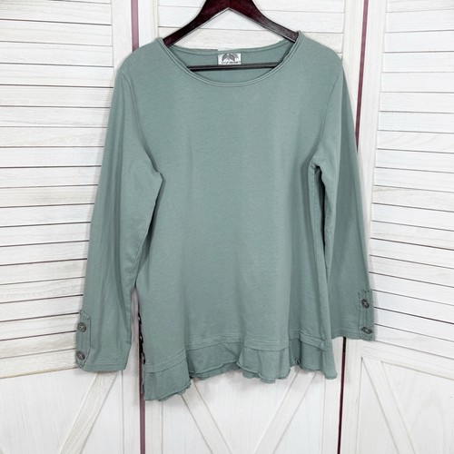 Wild Palms Tunika Top Damen groß salbeigrün Rüschen Lagenlook Saum Knöpfe Boho - Bild 8 von 13
