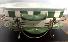 Temptations Old World Green 4 QT Baking Dish with Tray, Lid, & Metal Stand
