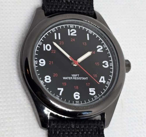 Reloj con correa de nailon tono plateado esfera negra redonda estilo militar FMD para hombre 09 - Imagen 7 de 9