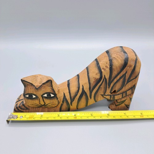 Hand Carved Painted Wooden Folk Art Stretching Cat Figure Rustic Whimsical 7.25" - Picture 8 of 11