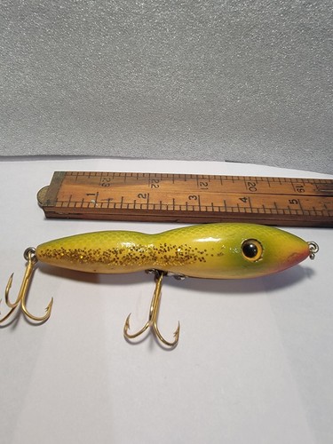 Vintage fishing lure ozark mountain wood walker top water gold wounded