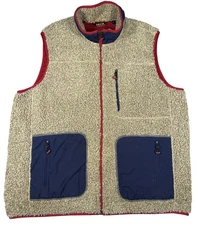 Orvis Vest Mens XL Beige Sherpa Fleece Navy Zip Pockets Outdoor Lined Warm