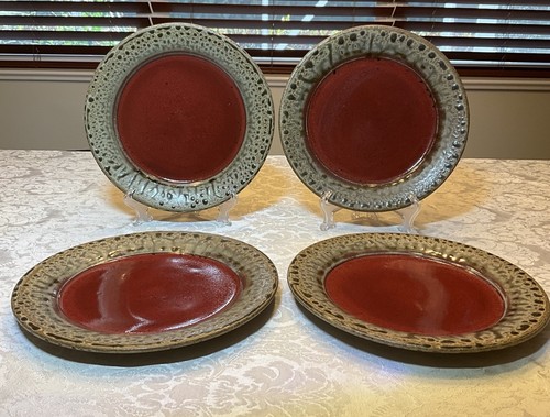 NICHOLS POTTERY Seagrove NC, Thomas Tan & Red Glaze 10.25” Dinner Plate Set of 4 - Picture 1 of 9