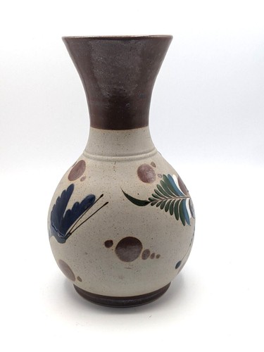 Jarrón Tonala Vintage Firmado Cerámica Mexicana Pájaro Loro Floral Tonos Tierra 9" - Imagen 2 de 5