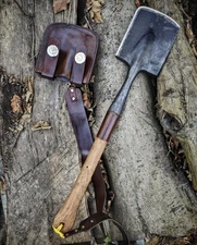 Hand-Forged Bushcraft Shovel with Leather Sheath – Wooden Handle Camping Tool