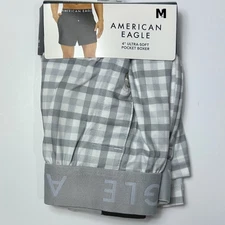 American Eagle 4" Ultra Soft Pocket Boxer Shorts MEDIUM Gray White Box Gingham