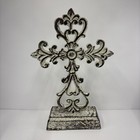 Heavy Cast Iron Cross Stand Tabletop for Home Decor, 10.5" H Antique White