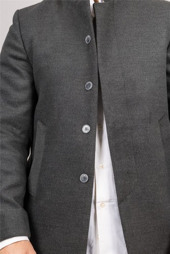 Abrigo gris para hombre con cuello alto mezcla de lana ajuste a medida ropa inteligente y formal - Imagen 4 de 9