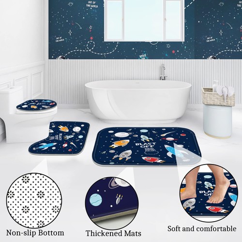 4 Pcs Bathroom Shower Curtain Set,Kid's Bathroom Set,Cosmic Space Shower Curt... - Picture 4 of 7