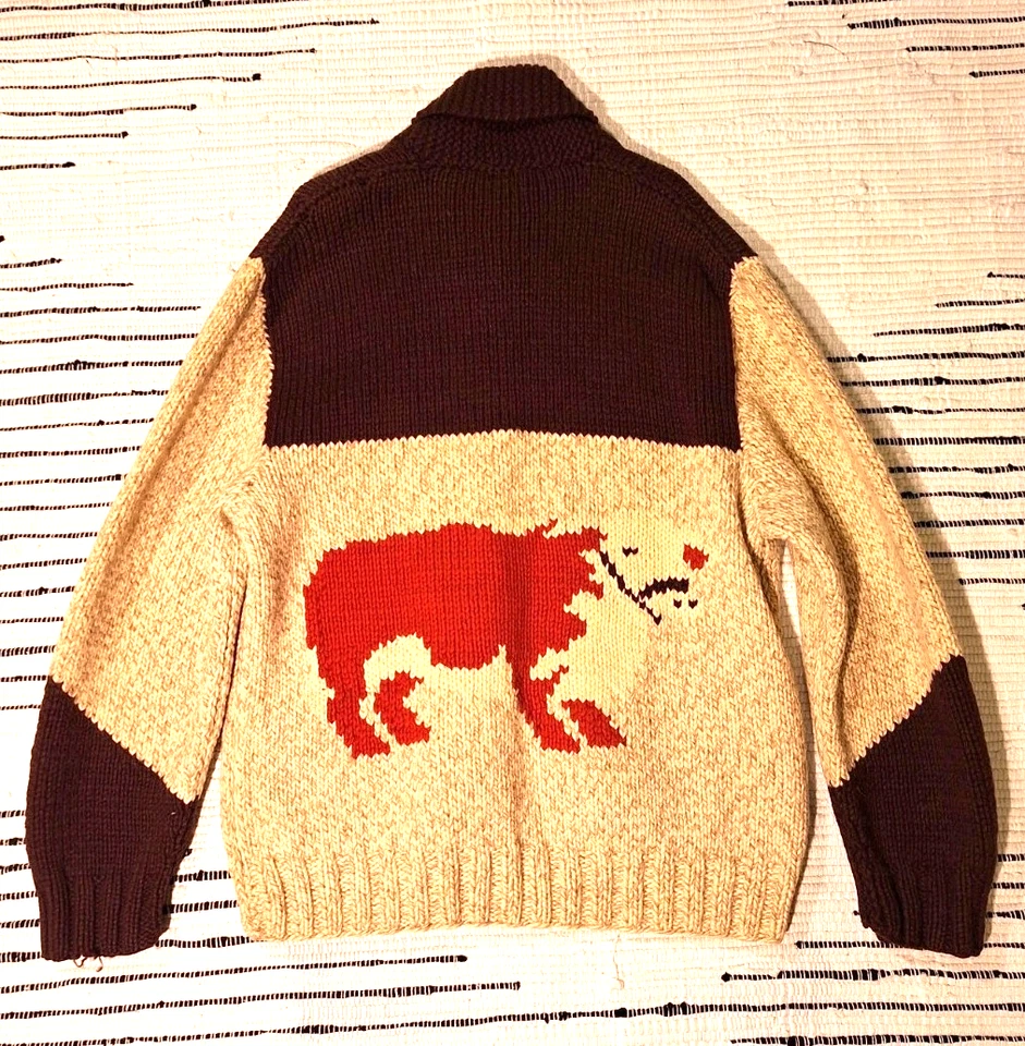 Cowichan De Colección Suéter Tejido a Mano Marrón/Tostado Cremallera Vacas Chal Cuello Para Hombres Grande Foto 3 de 4