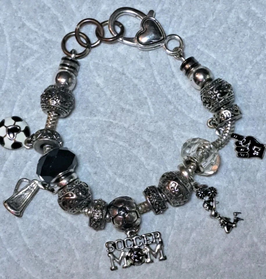 Vtg Brighton Loaded SOCCER MOM Bracelet Heart Clasp Assorted Soccer Charms Beads - Image 2 of 4