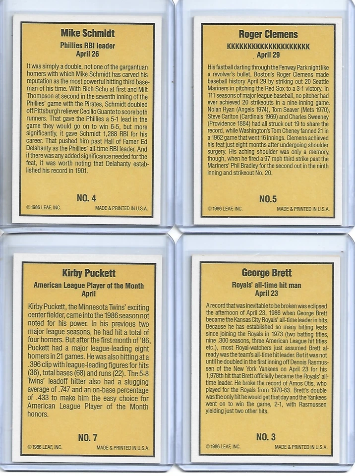 Conjunto completo de beisebol 1986 Donruss Highlights 1-56-Brett/Schmidt/Clemens/Puckett - Imagem 2 de 2