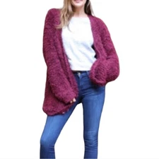 Kensie Womens L Burgundy Fuzzy Eyelash Open Front Longline Cardigan Sweater Cozy