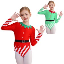 Kids Girls Bodysuit With Belt Dress-Up Christmas Holiday Leotard Biketard Xmas