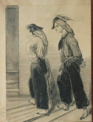 Ancien crayon dessin original personnes, figurines montant les liquidation escaliers oeuvre dart