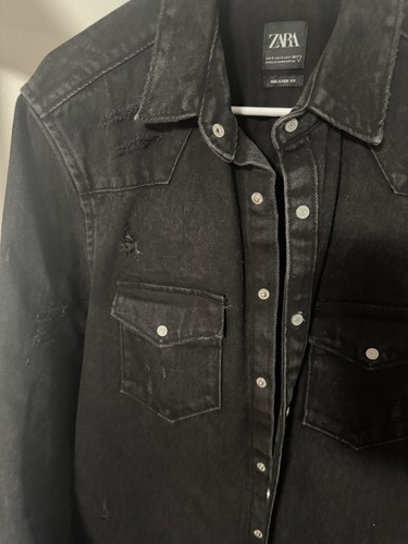 ZARA Distressed Denim Jacket Small Retro Cowboy Biker Trucker Vintage - Picture 3 of 5