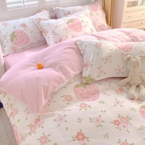 White Pink Duvet Covers Queen Size - Pink Strawberry Bedding Queen Comforter - Picture 6 of 7
