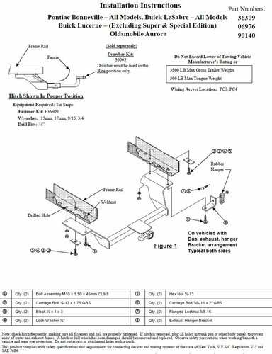 Trailer Tow Hitch For 00-09 LeSabre Lucerne Aurora Bonneville w/ Draw Bar Kit - Picture 5 of 6